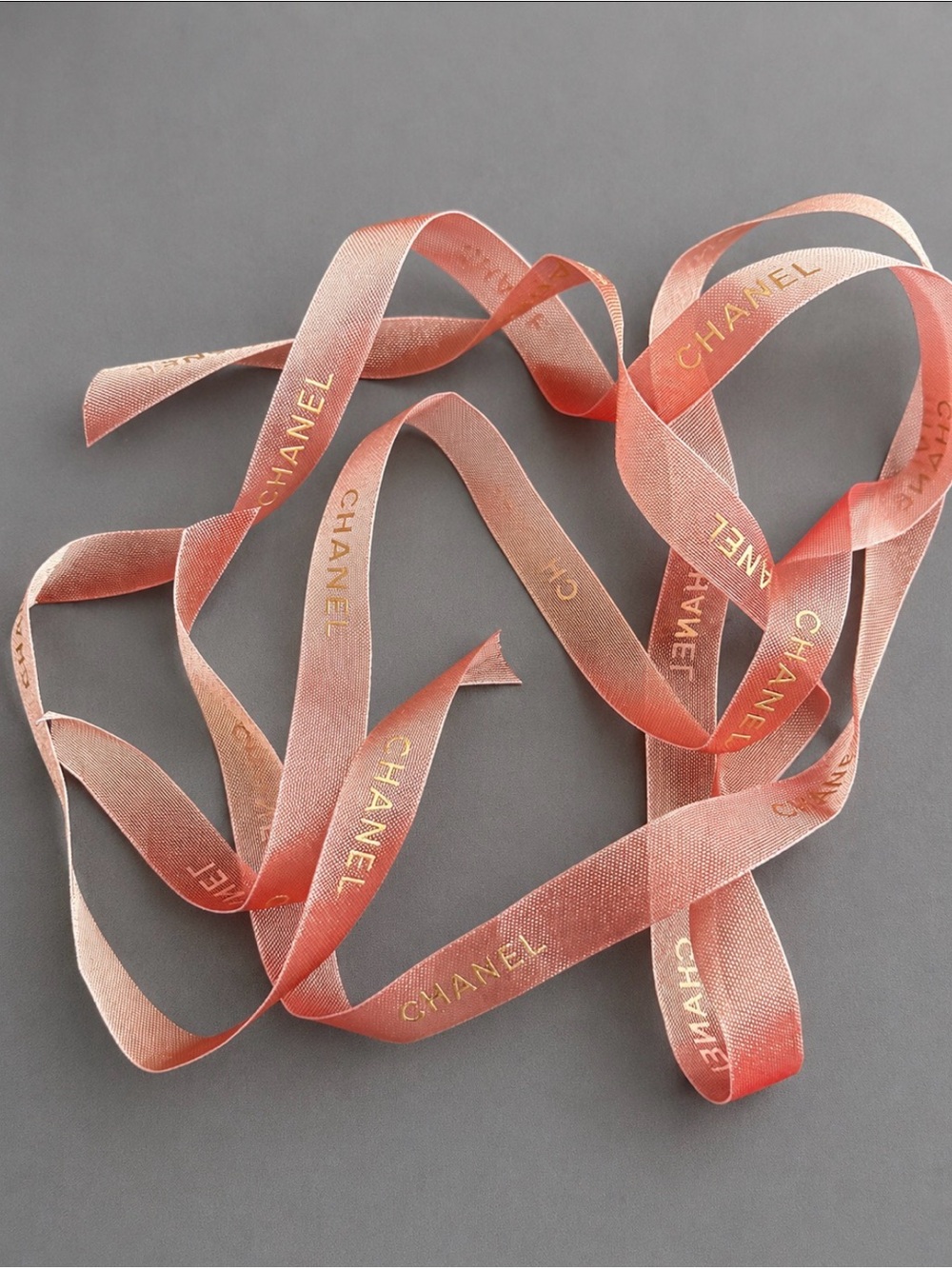 Authentic CHANEL Coral Blush Pink Gold Logo Ribbon – 2 Pieces x 37” Each